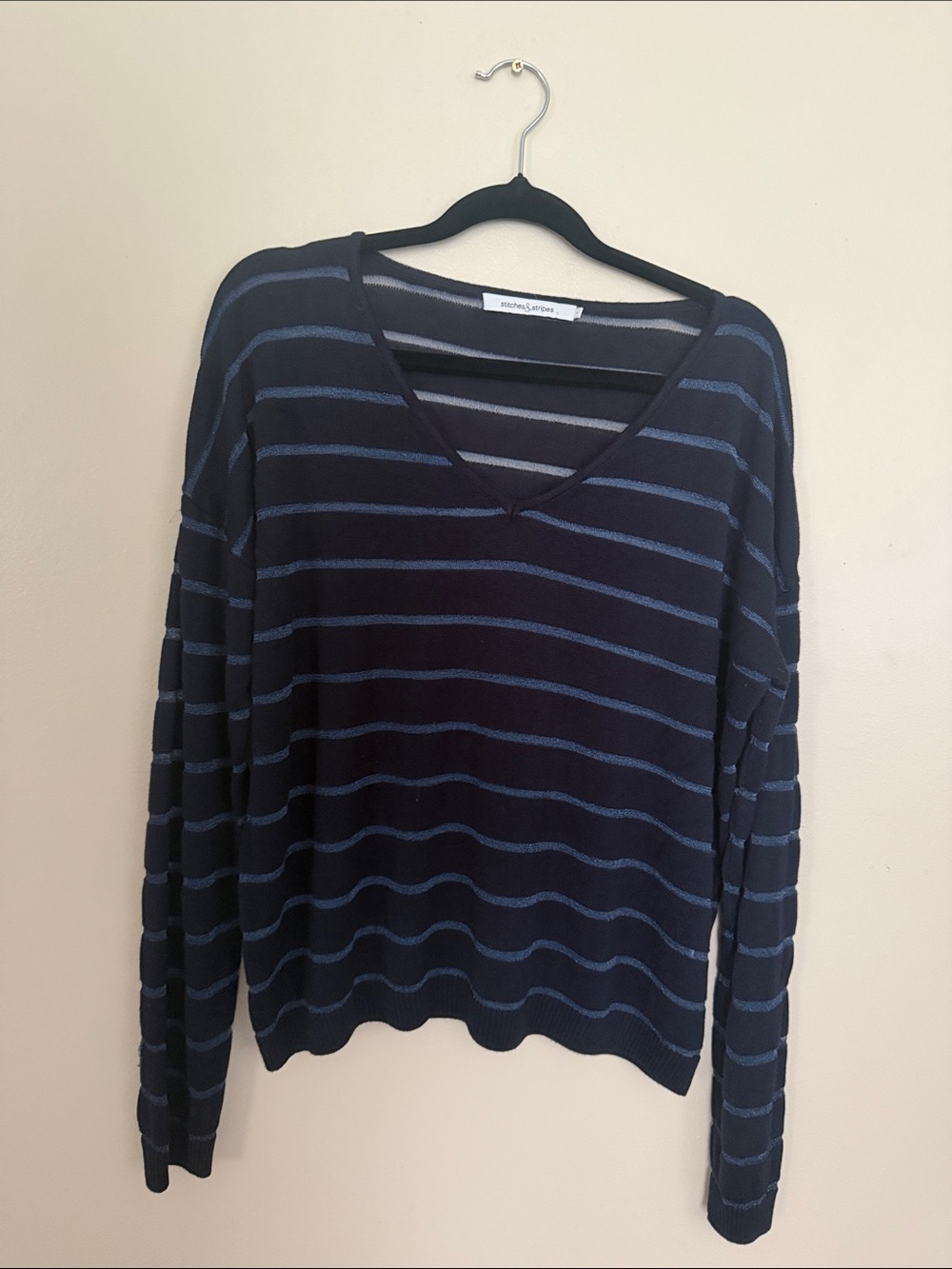 Striped V-Neck Lightweight Navy Sweater